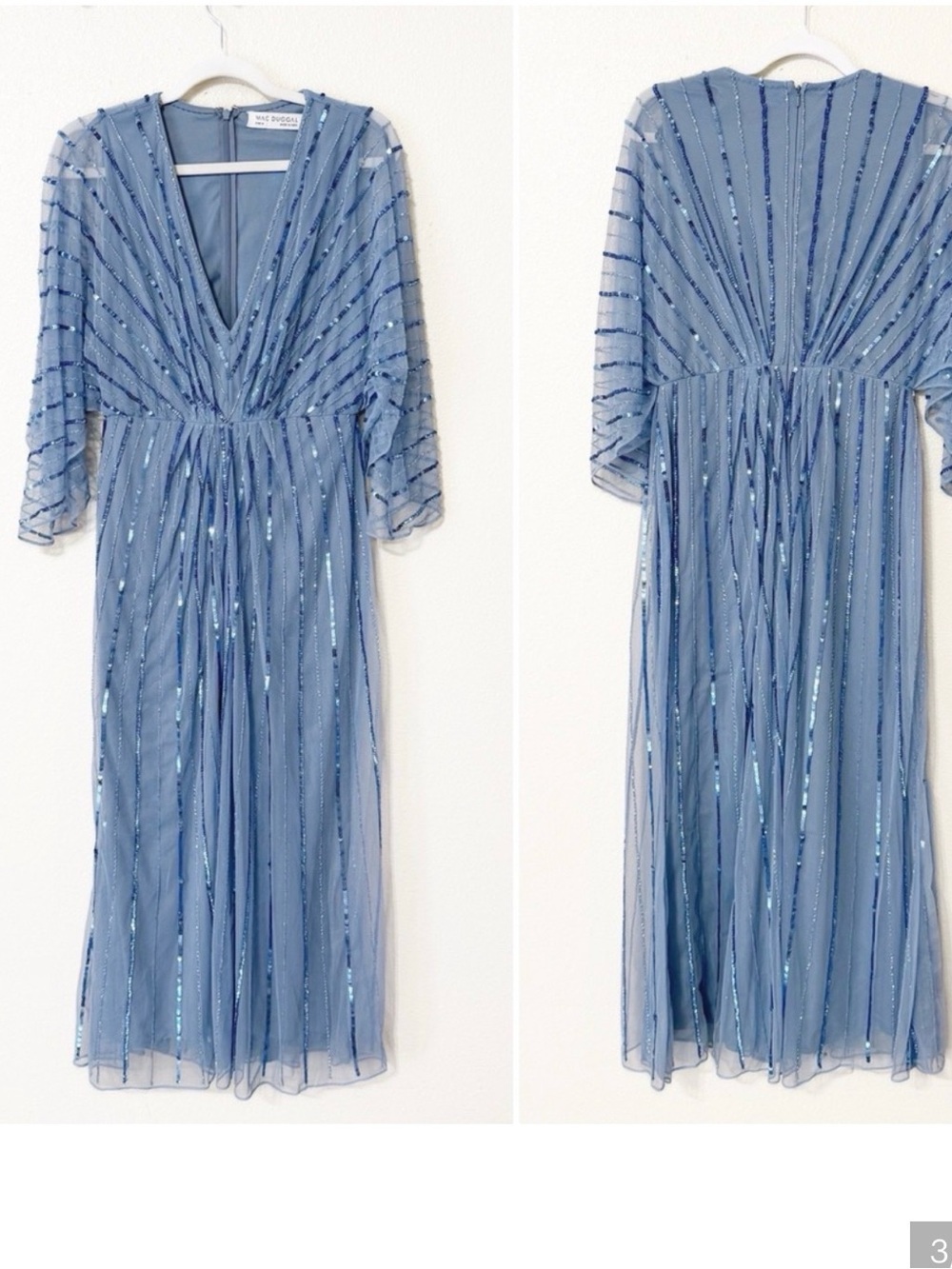 Mac Duggal Beaded V-Neck Stripe Sequin Periwinkle Blue Midi Dress Size 6